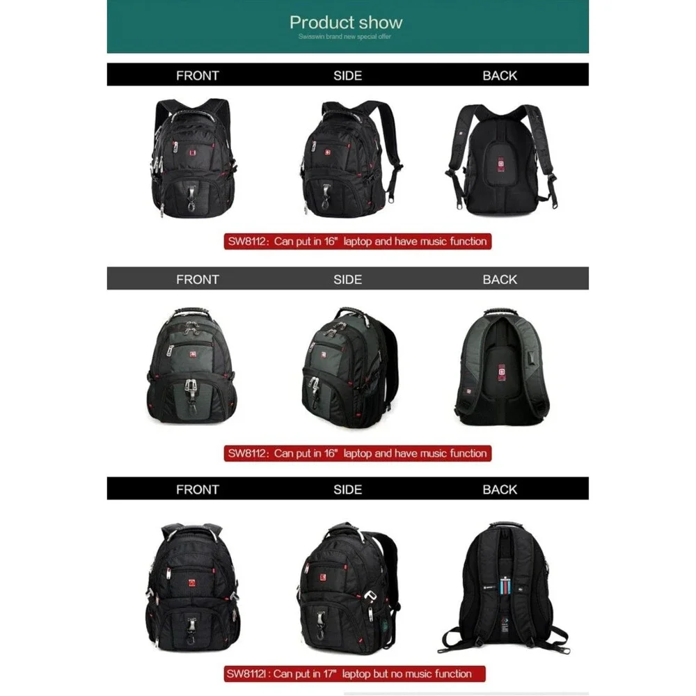 Waterproof 15.6 Inch Laptop Backpack Men USB Charging Swisswin SA8112 Swissgear
